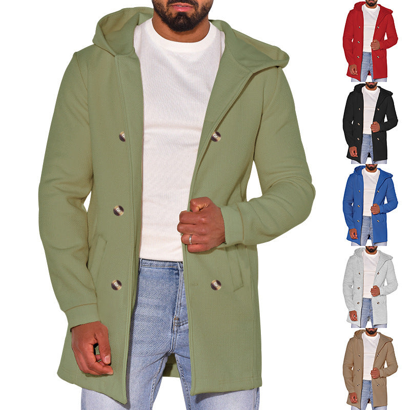 Independent Station Hot Selling 2024 Amazon Men's Hooded Double-breasted Casual Coat Woolen Coat Men's Coat Spring and Autumn