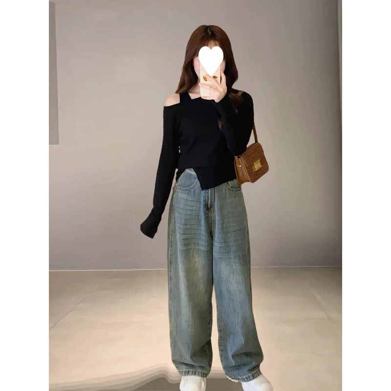 Open Shoulder Irregular Base Shirt Sweater Women's Autumn and Winter Outer Split Knit Anker Thunder Wear Chic Top