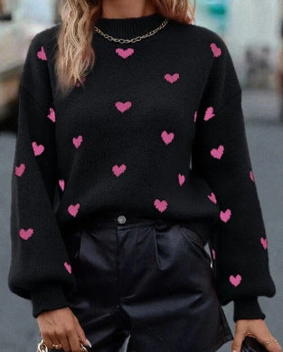 European and American Fashionable Autumn and Winter New Sweaters Long-Sleeved Round Neck Knitted Pullover Heart Loose Casual Women's Clothing