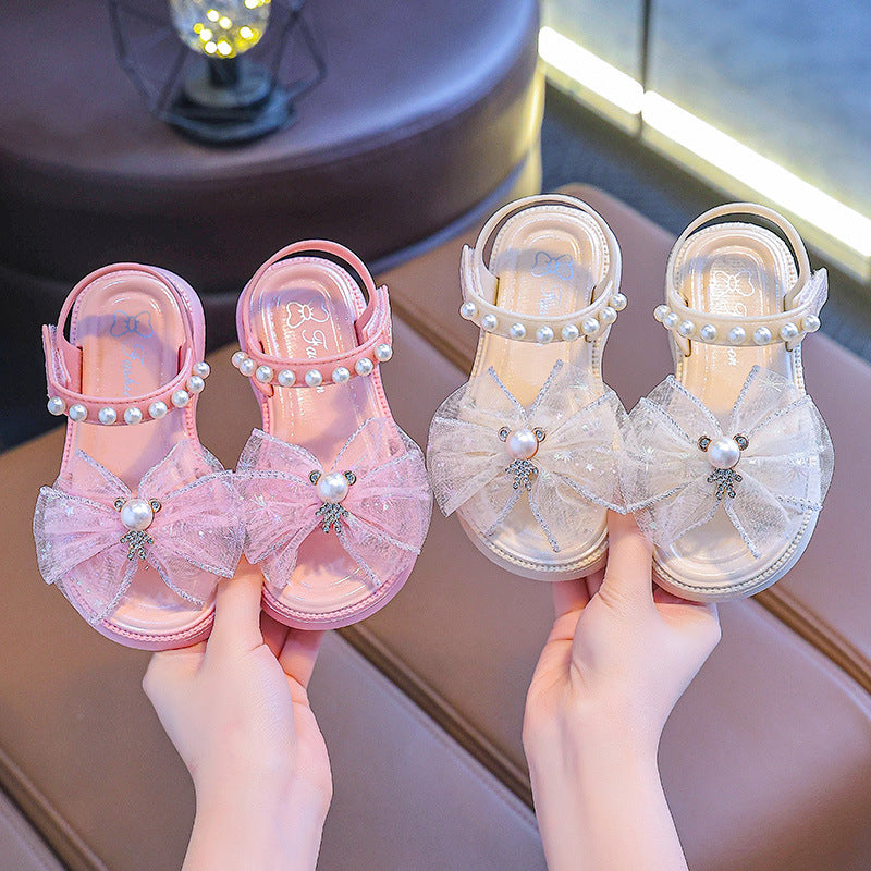 Girls' Sandals New Summer 2024 Children's Soft Sole Velcro Princess Shoes Bow Small Middle and Large Children's Girls Summer