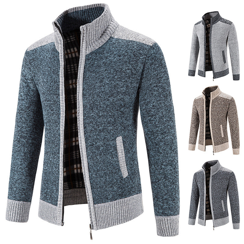 Amazon men's autumn and winter clothing stand collar sweater coat thickened sweater trend green cardigan sweater warm