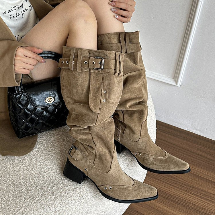 Over-The-Knee Boots for Women 2025 Autumn and Winter New Suede Pointed Toe Knight Boots Thick Heel Slimming Look Pleated Large Tube Boots