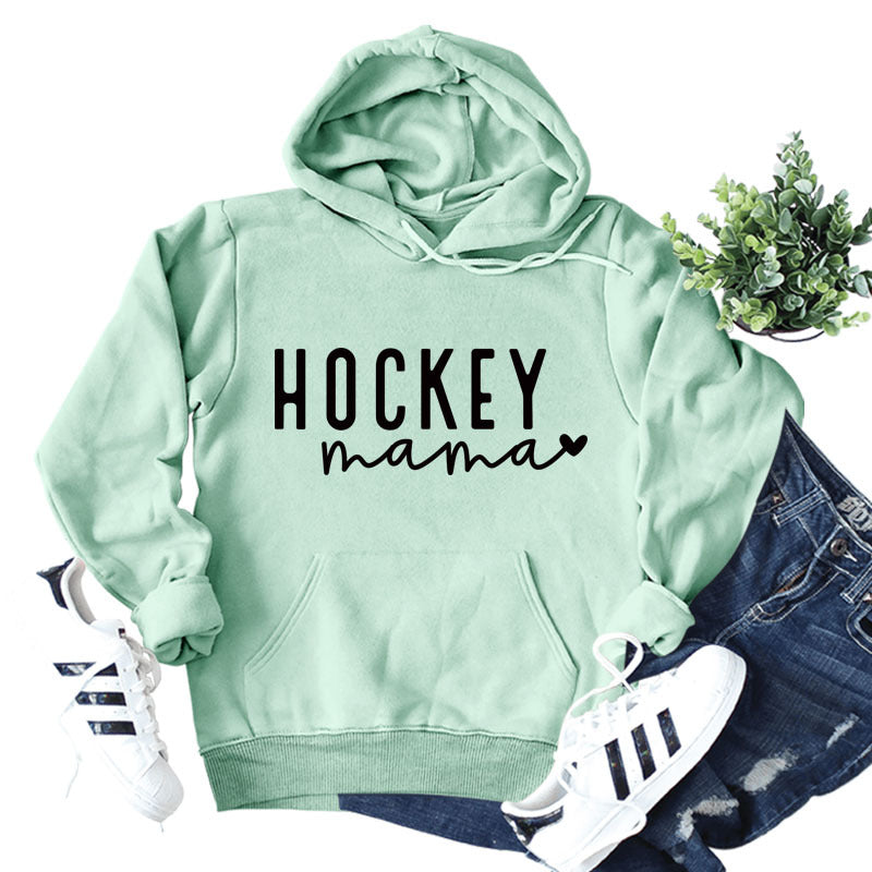 Cross-border autumn and winter European and American women's top hoodie Hockey mama pattern letter printed casual hooded sweater