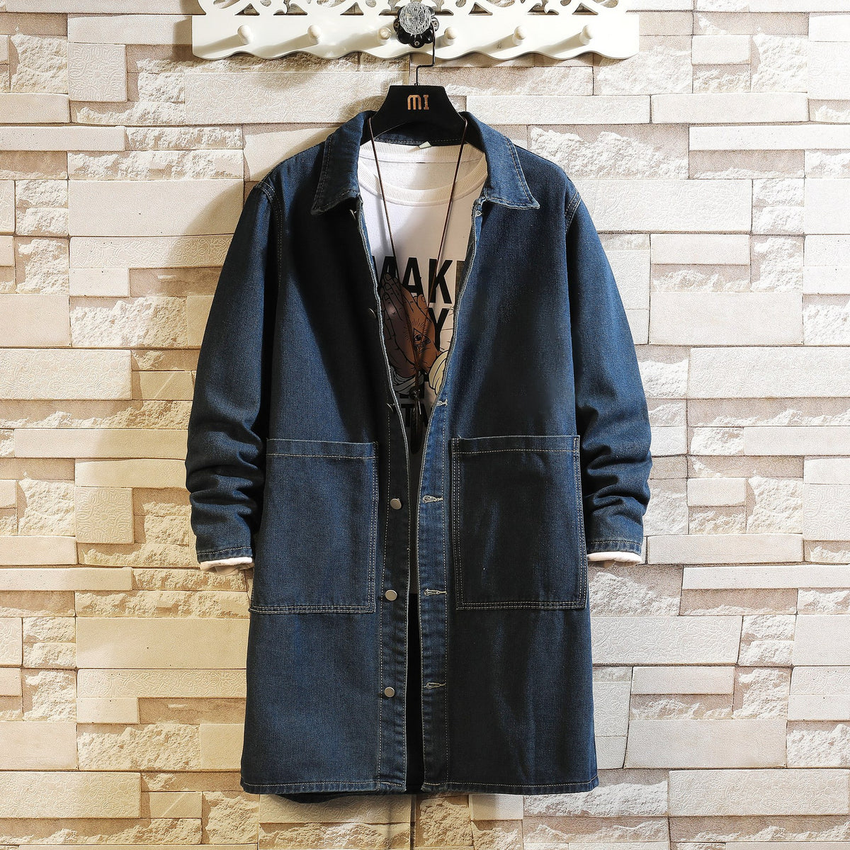 Foreign Trade Cross-Border Plus-Size Men's Denim Jacket Mid-Length Trench Coat Men's Clothing Spring and Autumn Fashion Casual Top Amazon