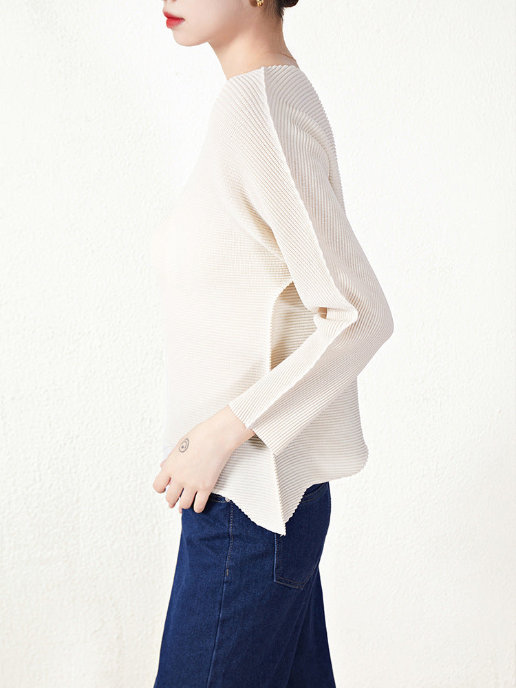 Pleated Long-Sleeved Top for Women, Miyake Spring/Summer, Loose Round-Neck T-Shirt, Solid Color Base Shirt, Breathable, Lightweight, Short Style