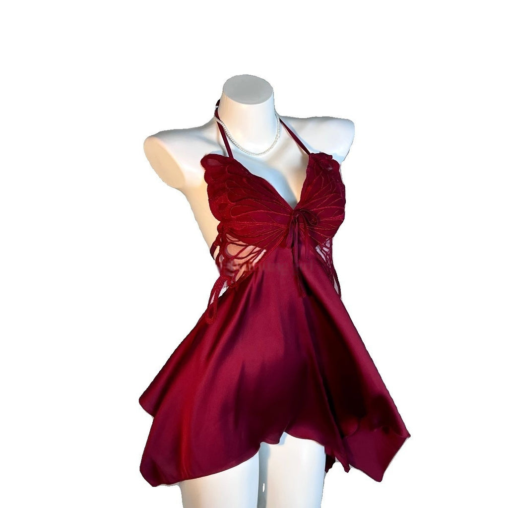 Sexy Pajamas Women's Ice Silk Sling Butterfly Lace Belt Chest Pad Pure Desire High-end Style Dating Battle Gown Nightgown Women's Summer