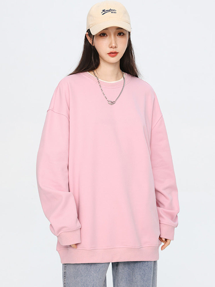 Autumn New Solid Color Loose Round Neck Sweatshirt for Men Trendy Brand Student Couple Hoodless Casual Long Sleeve Inner Layering Shirt