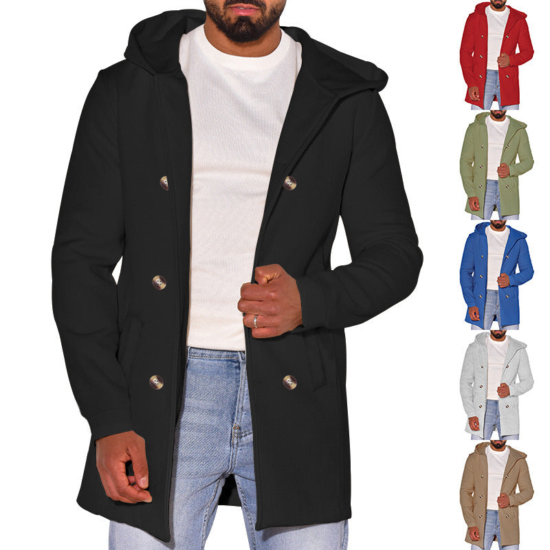 Independent Station Hot Selling 2024 Amazon Men's Hooded Double-breasted Casual Coat Woolen Coat Men's Coat Spring and Autumn