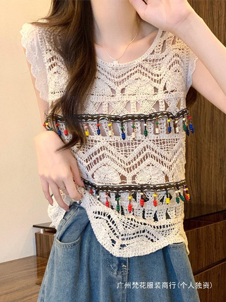 Vintage Crochet Hollow Knitted Vest Outer Wear Sling Outer Wear Blouse Holiday Style Design Sense Top 414 Flying Sleeves