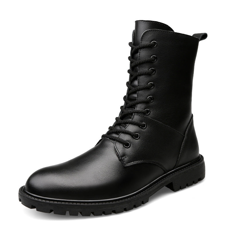 Winter new men's high barrel plus velvet cowhide cotton boots high-top warm special military boots large size 37-48 wholesale