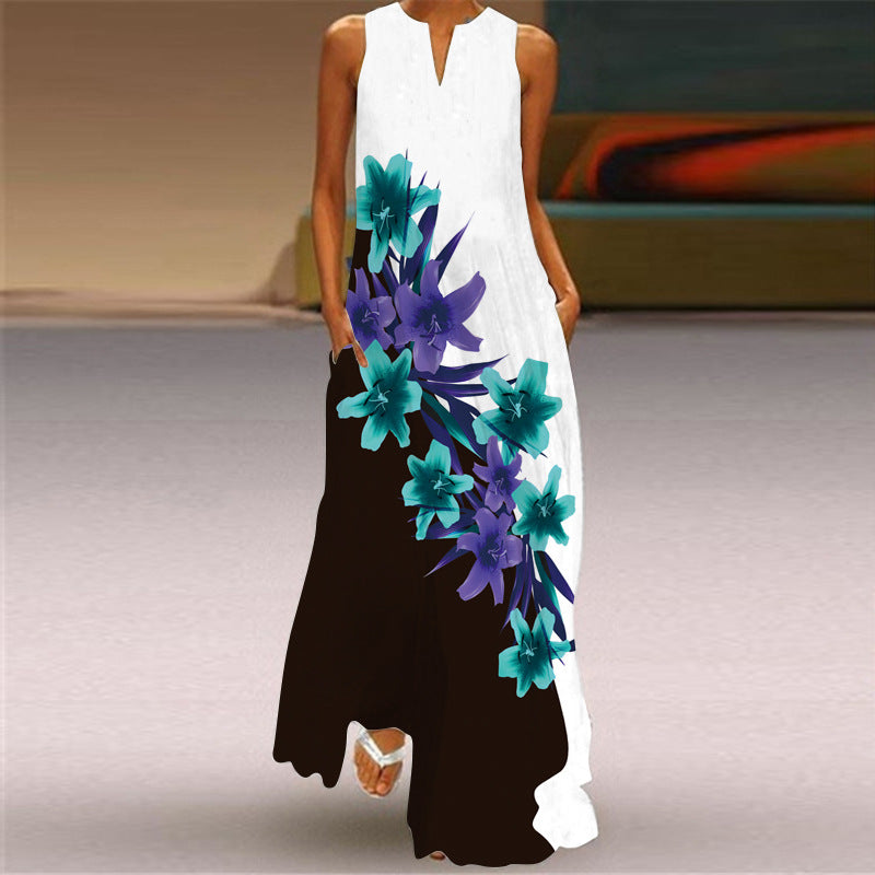 Summer Independent Brand New European and American Retro Print Long Dress V-Neck Multi-Color Long Sexy Sleeveless Dress
