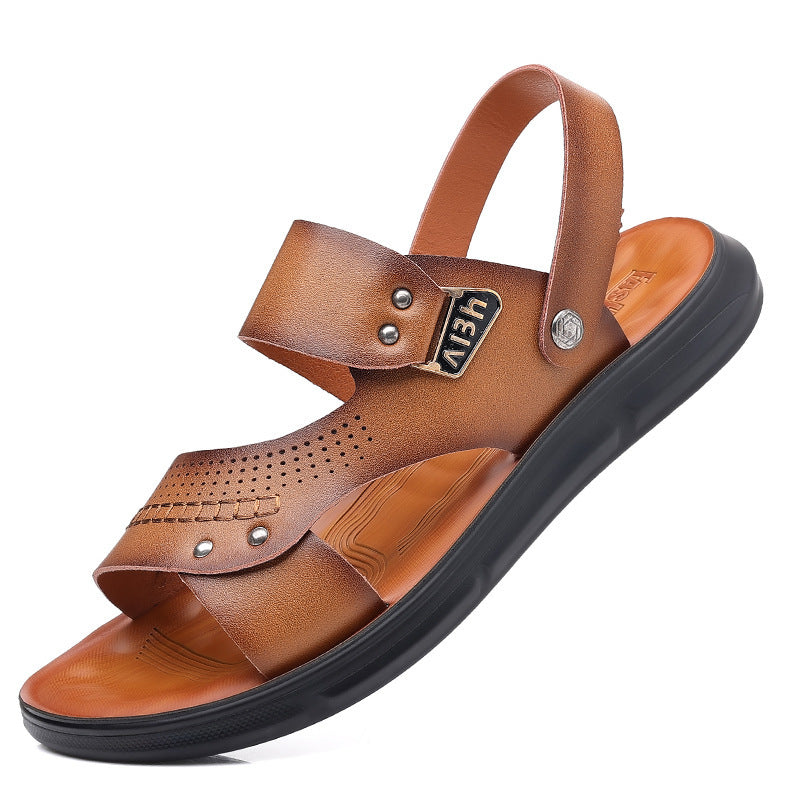 2025 New Genuine Leather Men's Sandals Summer Beach Shoes Sandals Two-Wear Trendy Soft Sole Men's Shoes Casual Non-Slip Shoes