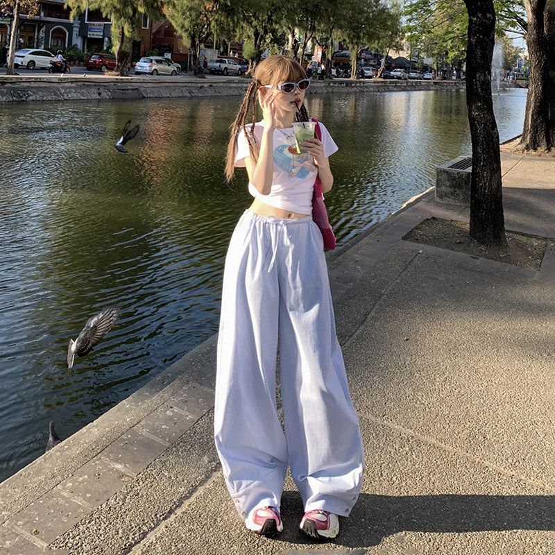 Retro Low Waist Lazy Style Drawstring Wide Leg Pants Women's Loose Slimming Spring New All-match Dumping Sports Casual Pants
