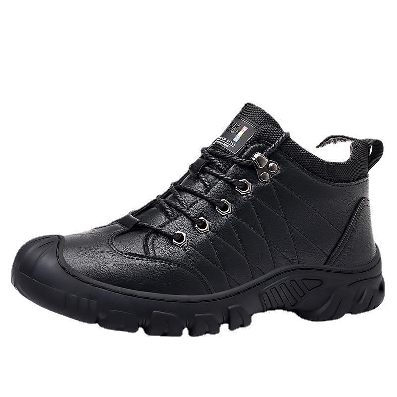 Winter New Men's Wool Warm Cotton Leather Boots Men's Online Sewing Lace-up Casual Leather Shoes Non-slip Wear-resistant Ankle Boots