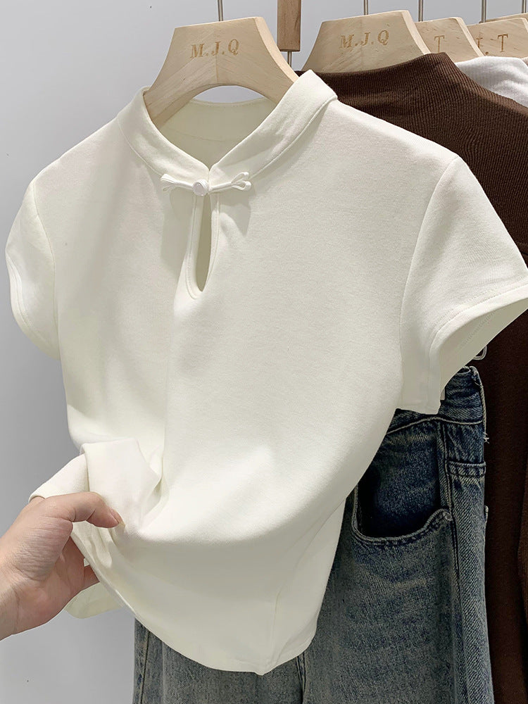 New Chinoiserie National Style Niche Chic Design Short-Sleeved T-Shirt for Women Summer 2025 New Stand-Up Collar Buttoned Short Top