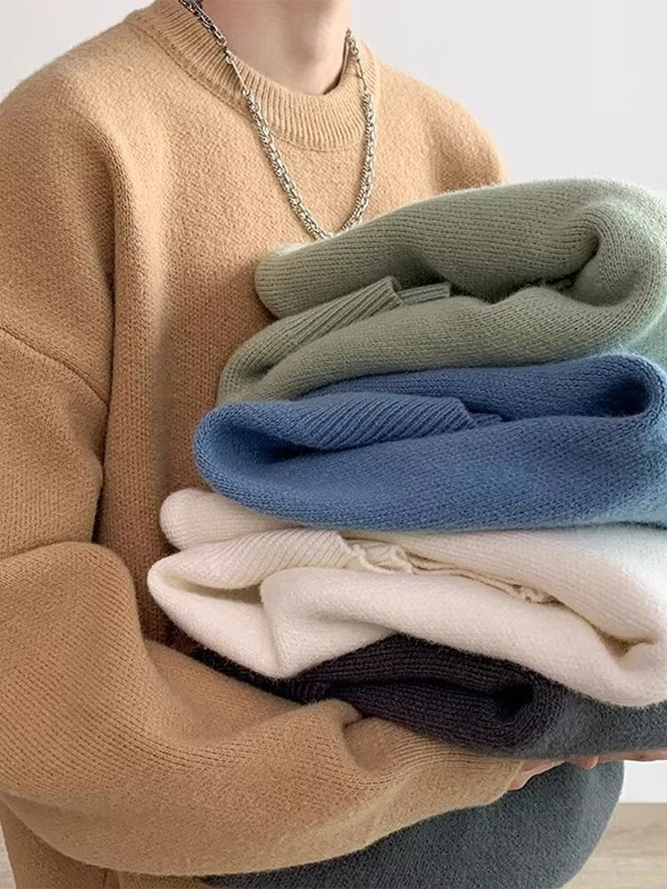 Sweater Men's Autumn and Winter Lazy Style American Style Retro High-end Sense Loose Casual Solid Color Pullover Base Knitted Sweater