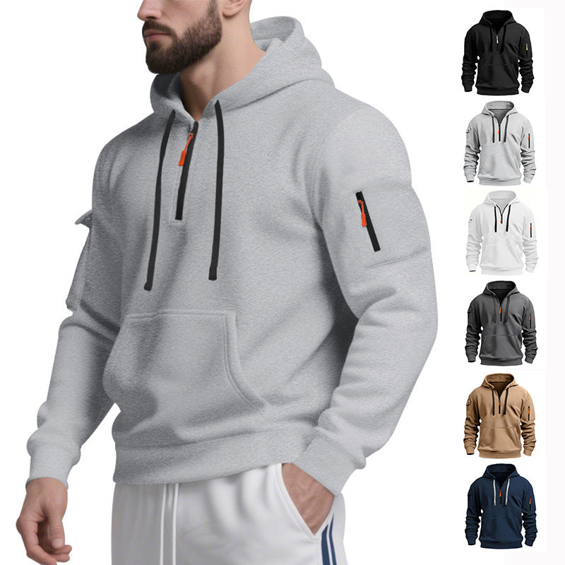 Casual Pullover Sweatshirt with Multiple Zipper Arm Pockets for Autumn and Winter, Large Size, Fleece-Lined Hoodie for Men