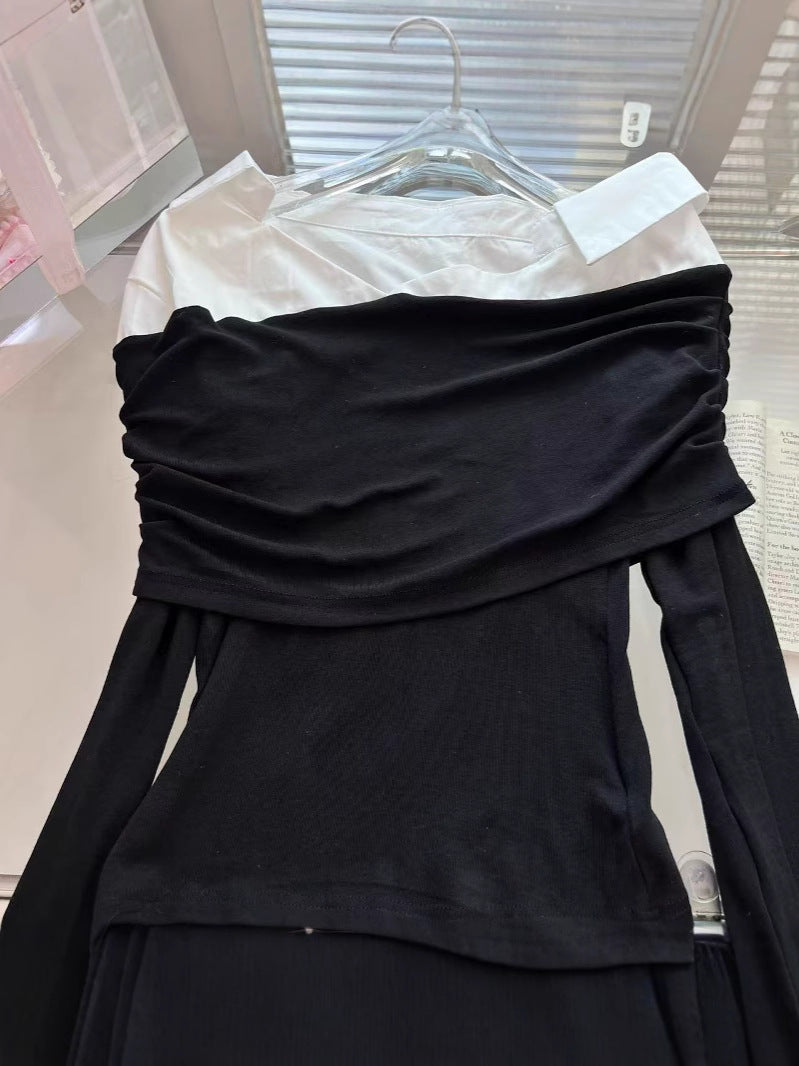 Zhang Yuanying's Same Style Korean-Style Off-Shoulder Shirt with Long Sleeves for Women 2026 Pure Desire Style Off-Shoulder Slim-Fit T-Shirt