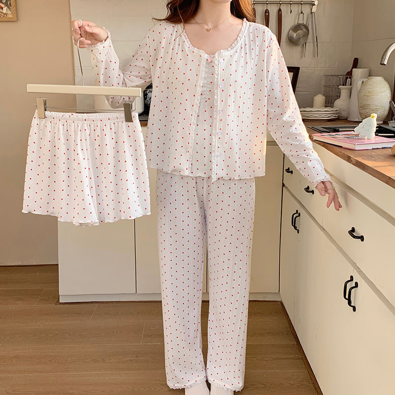 Autumn and Winter New Style Pajamas with Chest Pad Female Princess Style Sexy Knitted Cotton Four-piece Home Clothes for Four Seasons