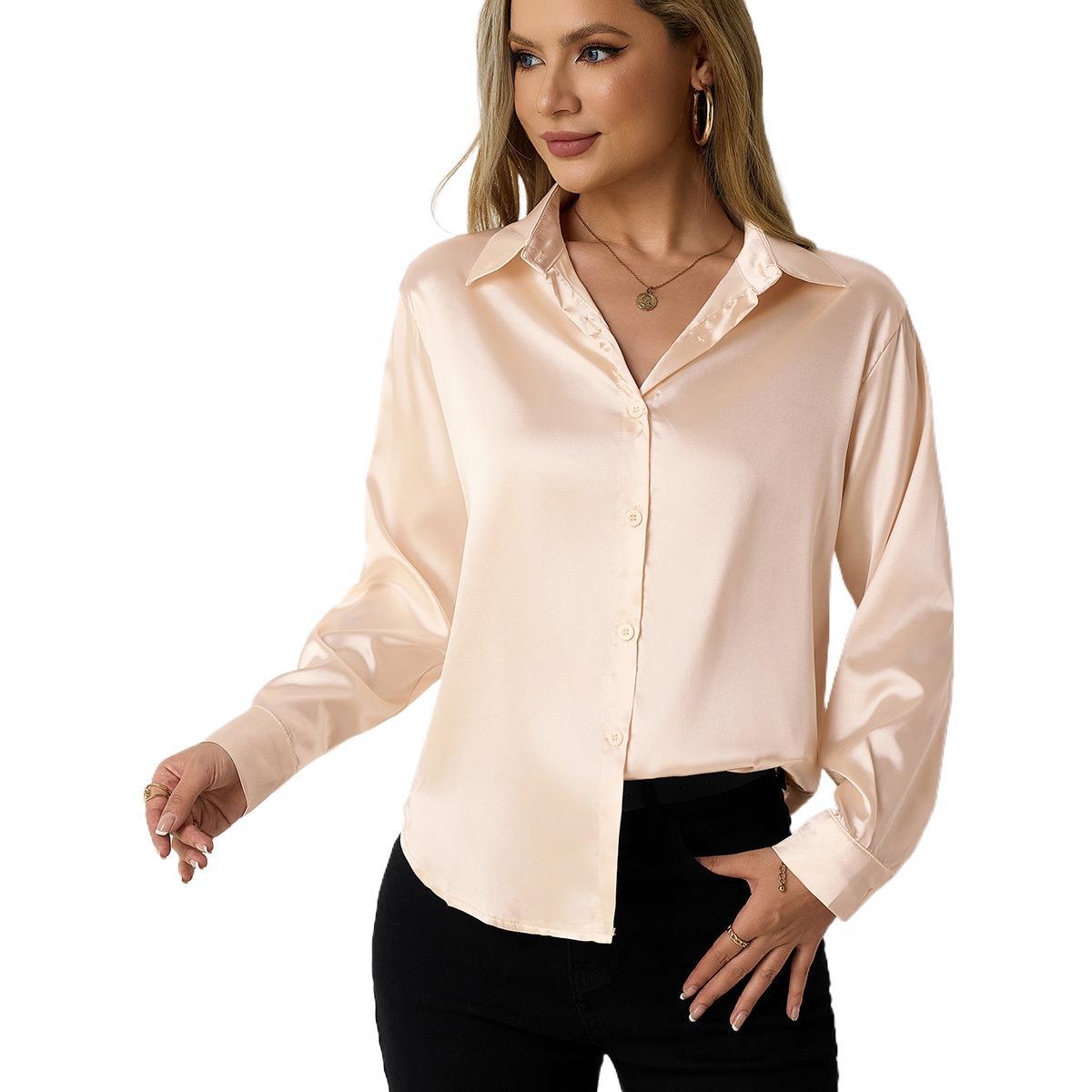 Real Shot of Cross-Border Women's Satin Shirts for Women, Simple V-Neck Cardigan Shirts, Amazon Women's Loose Tops