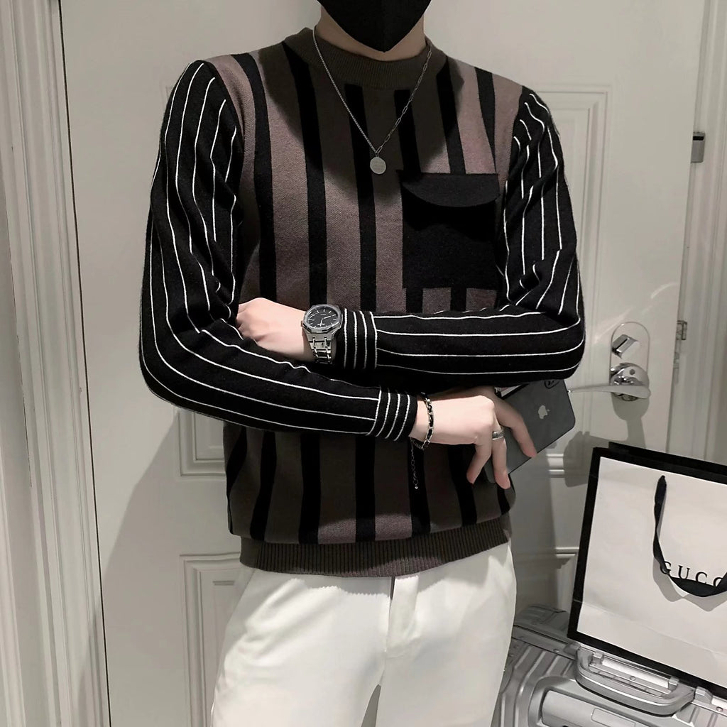 Fake two-piece sweater all-match casual Pu handsome sweater men's striped slim fit 2023 niche new sweater fashion