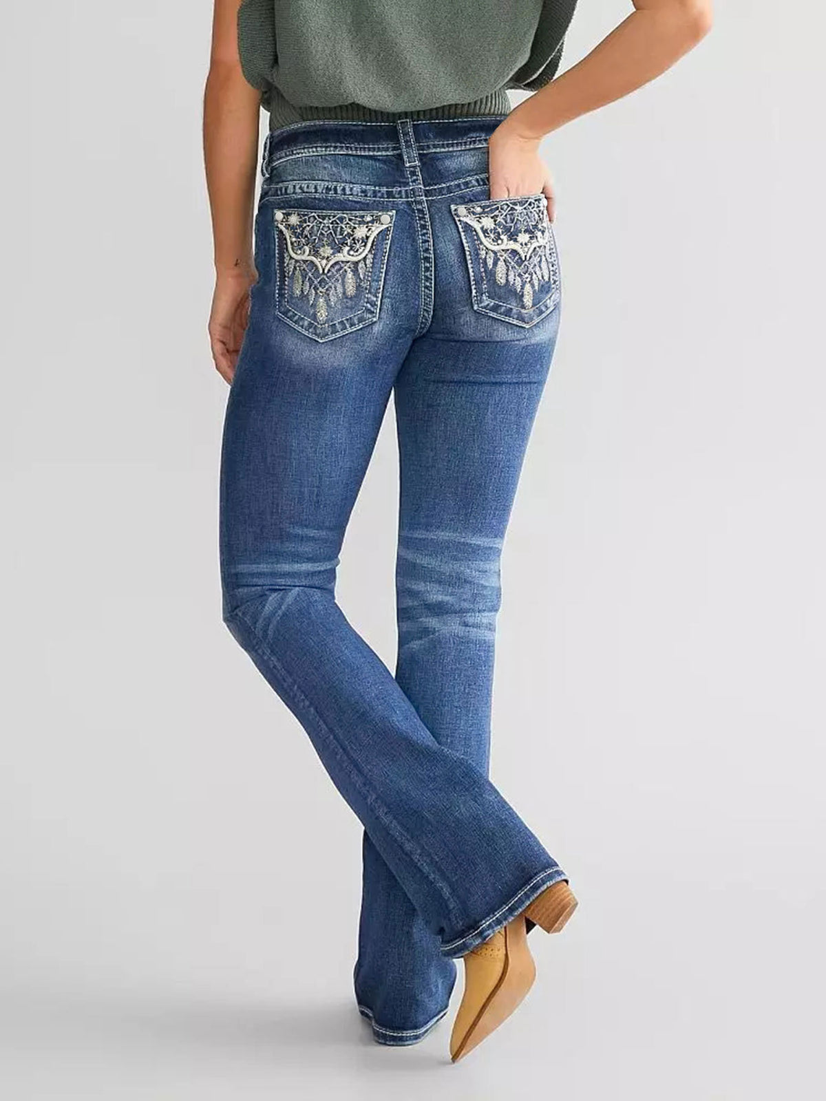 New Style Women's Embroidered Denim Bootcut Trousers, Fashionable and Elegant Denim Trousers