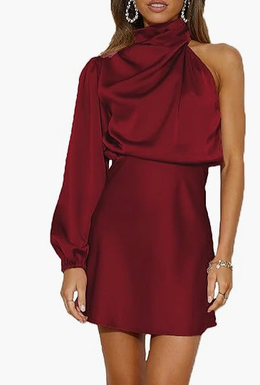 Spring Women's Satin Shoulder Long Sleeve Mini Skirt Silk Long Sleeve Crewneck Cocktail Skirt