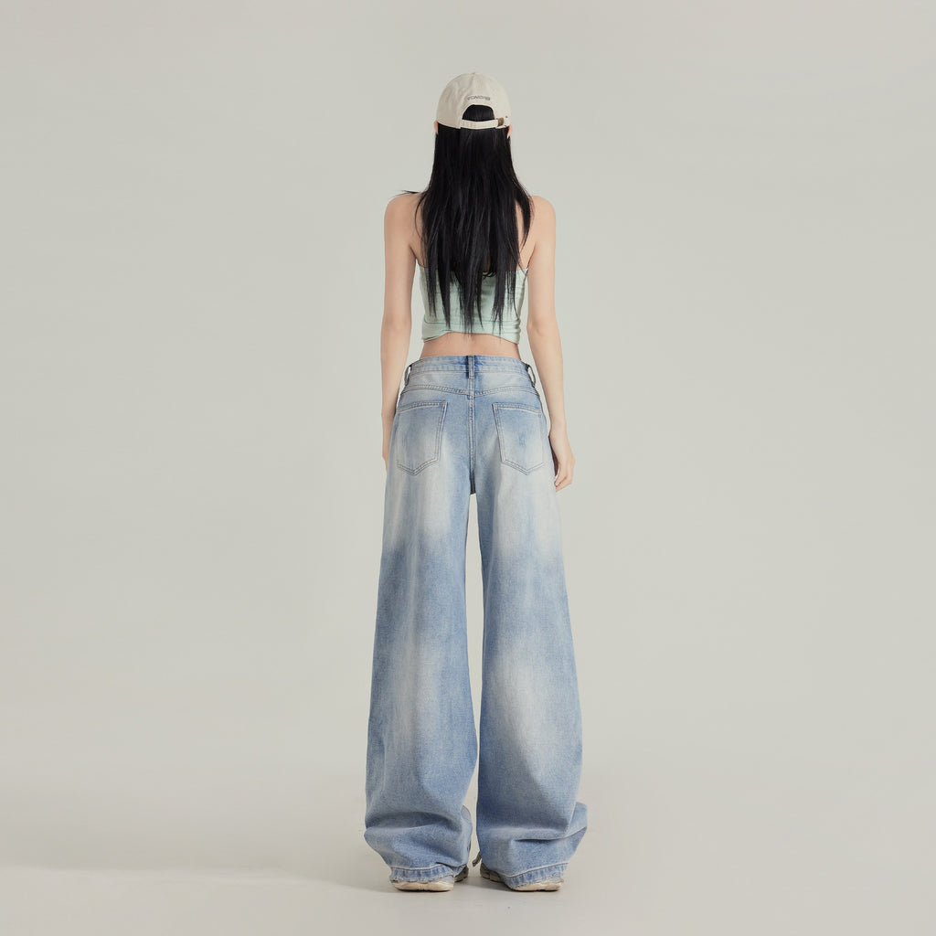 High Street Personality Light-Colored Ripped Jeans for Women, New Spring and Summer Loose Slimming Drapey Distressed Straight Wide-Leg Pants