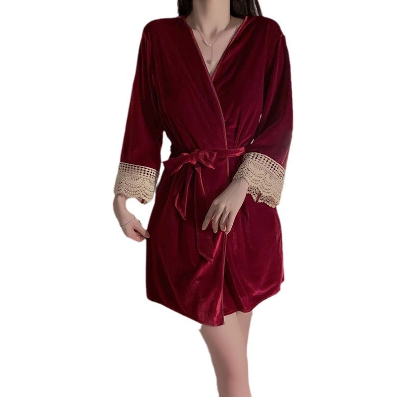 Sexy Gold Velvet Pajamas Autumn and Winter New Chest Pad Sling Nightgown suit Nightgown Lace Two-Piece Home Clothes