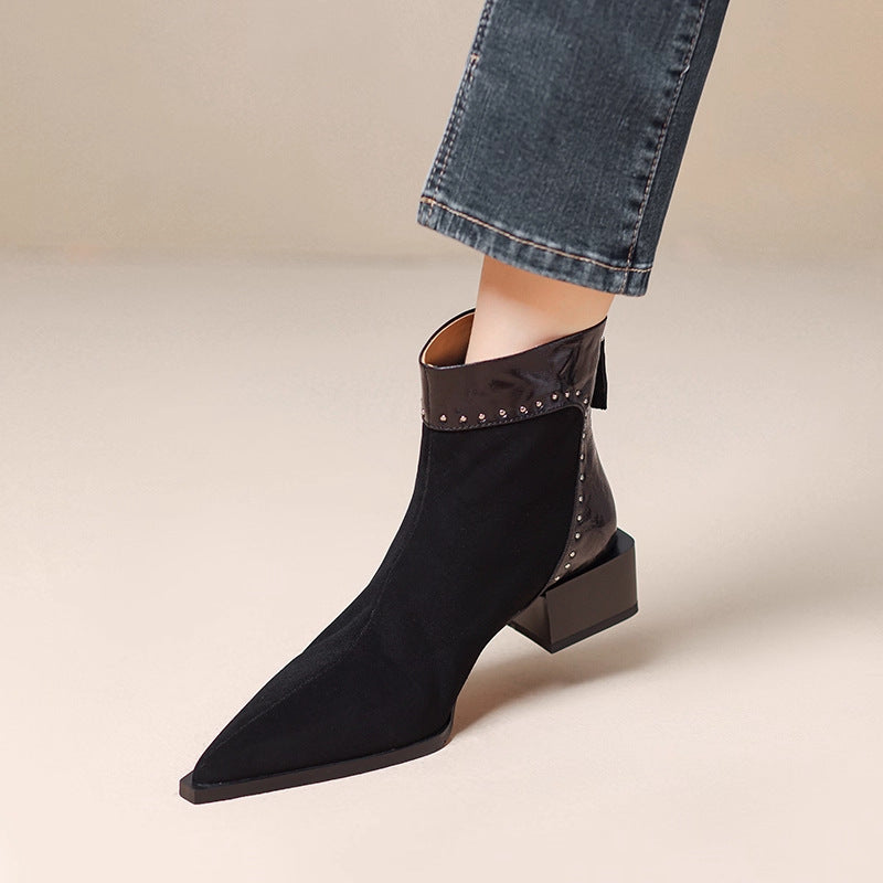 French High-End Medium Thick Heel Short Boots for Women 2025 Winter Rear Zipper Rivet Fashion Boots Slim Boots Elegant Elastic Boots