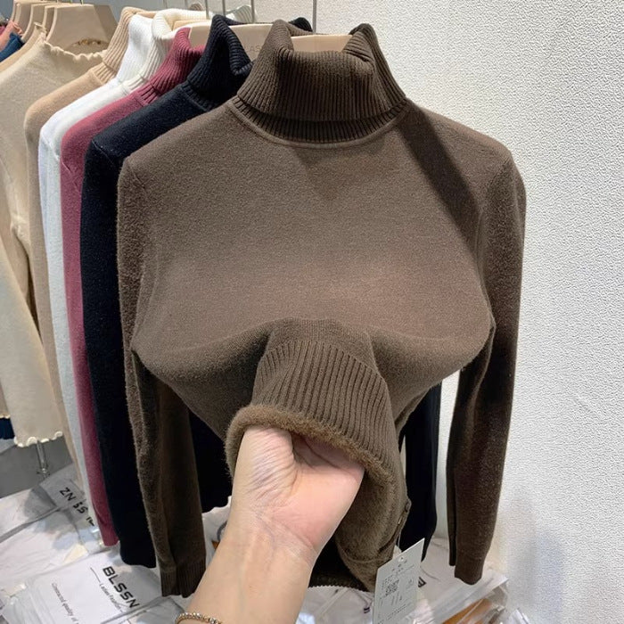 Thickened Fleece-Lined Thermal Sweater for Women, Autumn and Winter Ribbed High-Neck Long-Sleeve Knit Base Shirt
