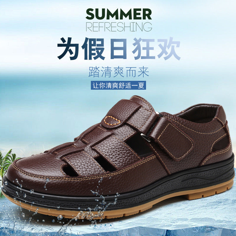 Summer Sandals Men's Leather Business Casual Hollow Hole Shoes Men's Breathable Dad Shoes Soft Sole Anti-slip Leather Sandals