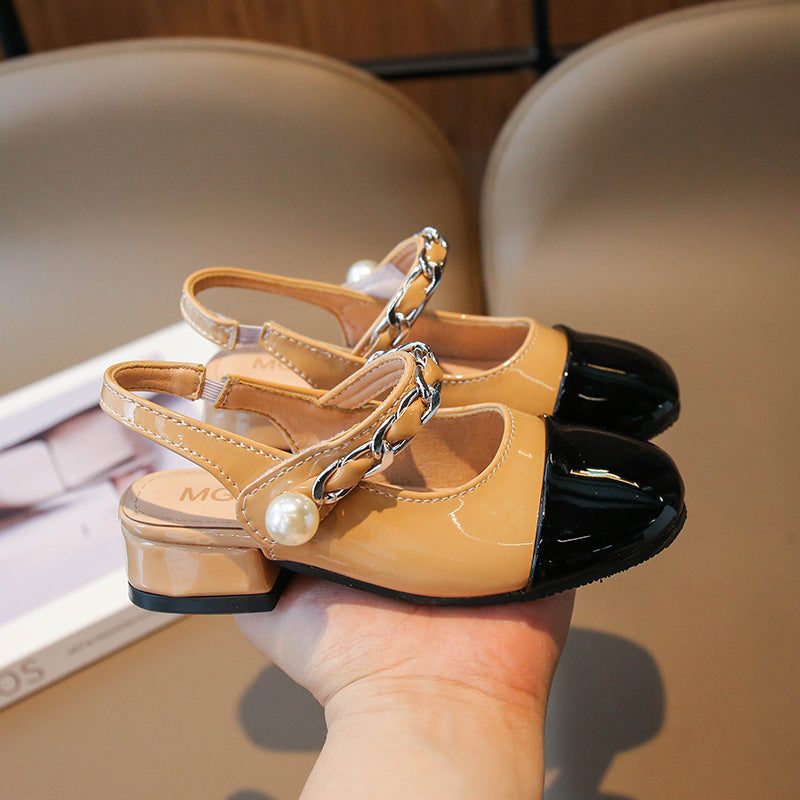 Fashion pearl color matching children's high heels chunky heel girls' leather shoes shallow mouth 2023 Summer new sandals closed toe