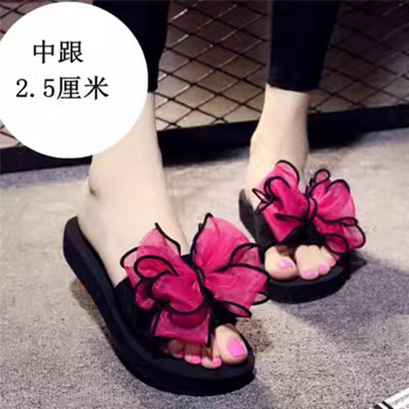 Mid-summer high-heeled slipper butterfly flower women's beach shoes thick-soled sandals and slippers Korean-style non-slip slippers for women
