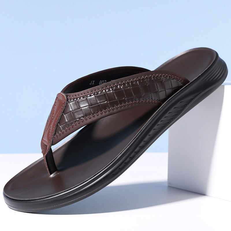 Stomp Sense Summer New Sandals Men's Flip-flops Casual Beach Shoes Genuine Leather Breathable Home Non-slip Slippers for Men