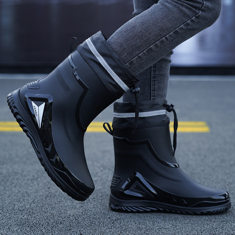 Men's Rain Boots with Cuffs, New Waterproof Shoes, Outdoor Drawstring Boots, Kitchen Non-Slip Work Rubber Shoes, Fleece-Lined Warm Rain Boots