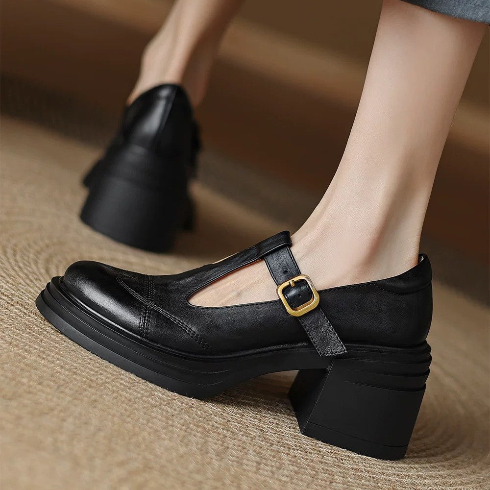 Washed Leather, Very Comfortable ~ New Soft Leather Shoes for Women, Thick Heels, Thick Soles, Mary Jane Shoes, Small Leather Shoes, French High Heels