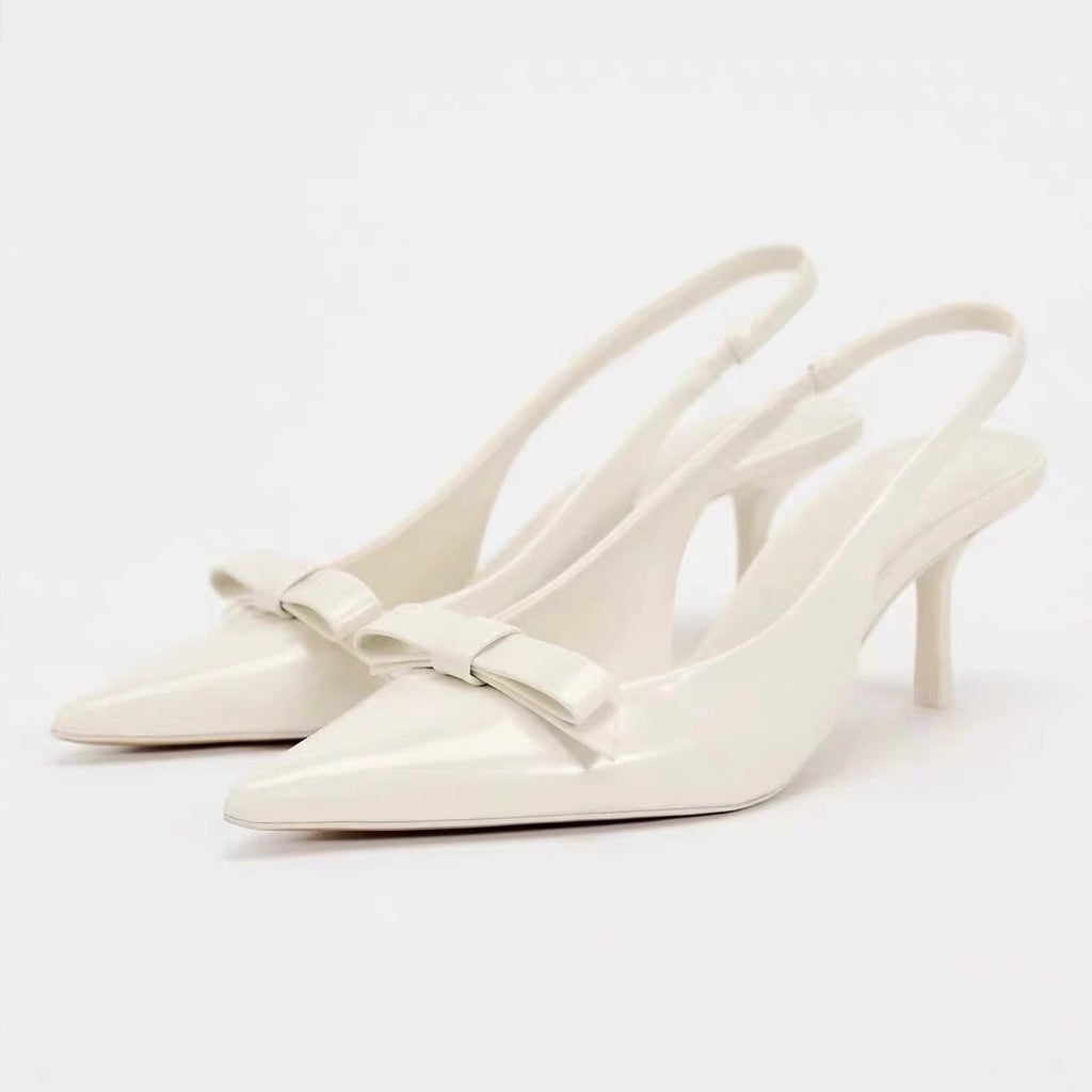 Za Black Patent Leather Bow Jewelry High Heel Mules 2025 Spring and Summer Pointed Toe Slingback Stiletto Sandals Flats for Women