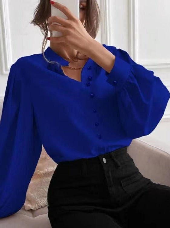 Women's Shirts 2024 Spring Amazon Foreign Trade New Elegant Solid Color Lapel Long Sleeve Single Row Button Loose Tops for Women