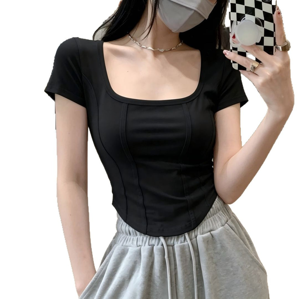 Short-Sleeved T-Shirt for Women Summer Retro Fishbone Design Niche Square Collar Chic Slim Top Trendy