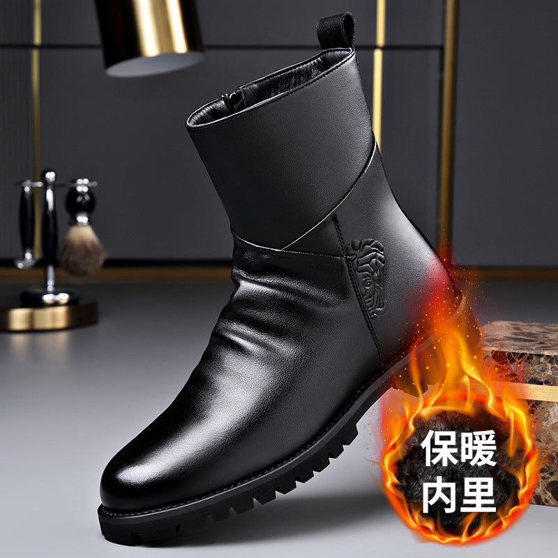 Winter Velvet Warm Boots Men's High-Top British Side Zipper Large Size Short Boots Business Formal Chelsea Boots