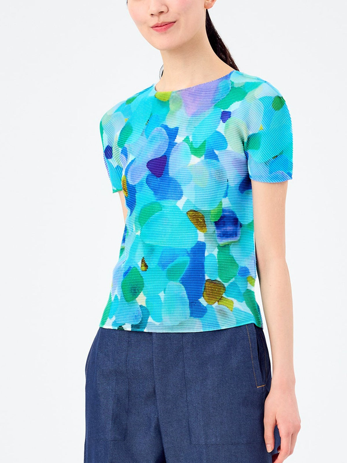 Miyake Design Niche Tops for Women Summer Thin Round Neck Slimming Look Pleated Printed Short-Sleeved T-Shirts for Women