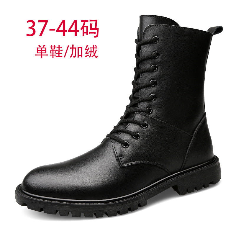 Winter new men's high barrel plus velvet cowhide cotton boots high-top warm special military boots large size 37-48 wholesale
