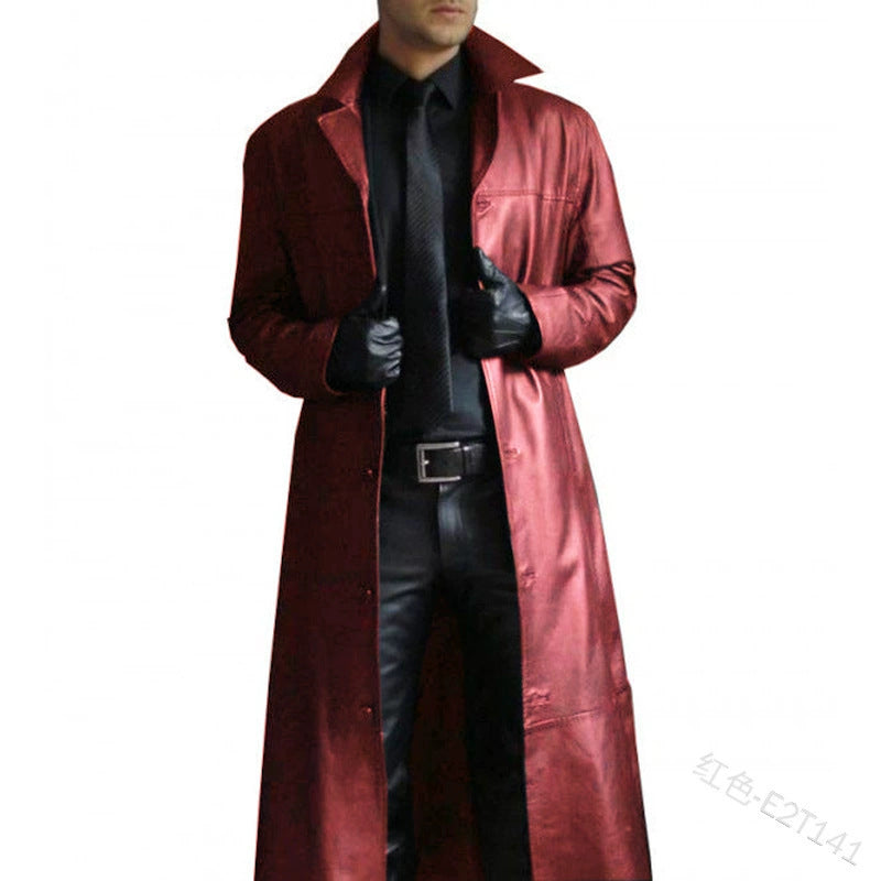 American Casual Western Cowboy Long Leather Windbreaker Men's Slim Lapel Pu Leather Jacket Cos Clothing Leather Outwear