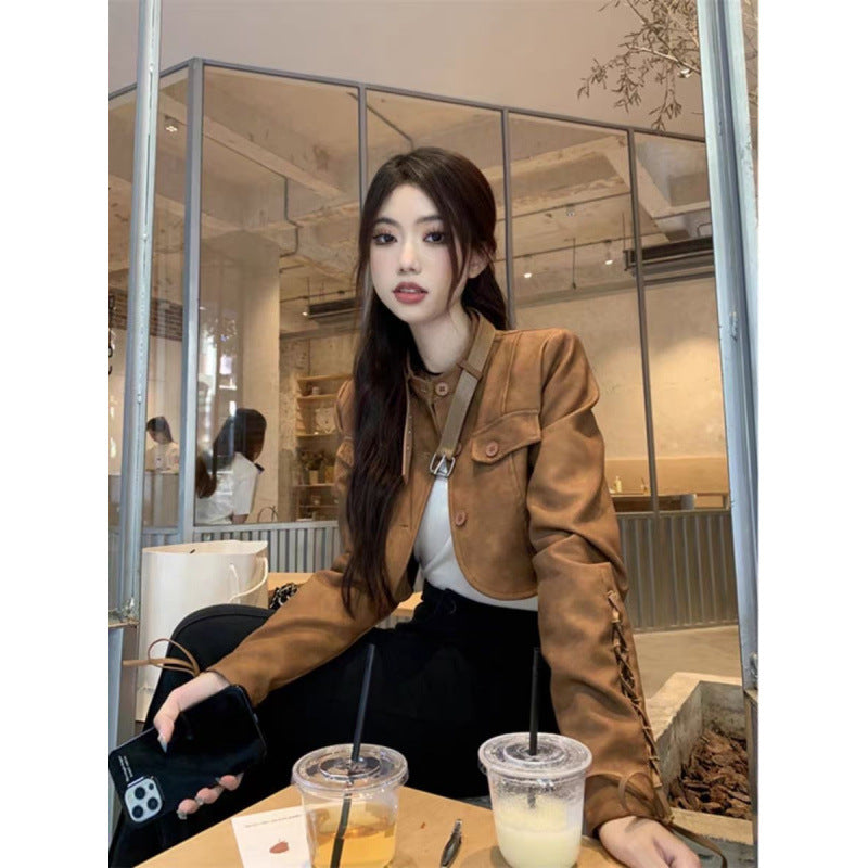 Design Sense Brown Vintage Leather Jacket Women's 2024 Autumn and Winter Short Pu Deerskin Jacket Top