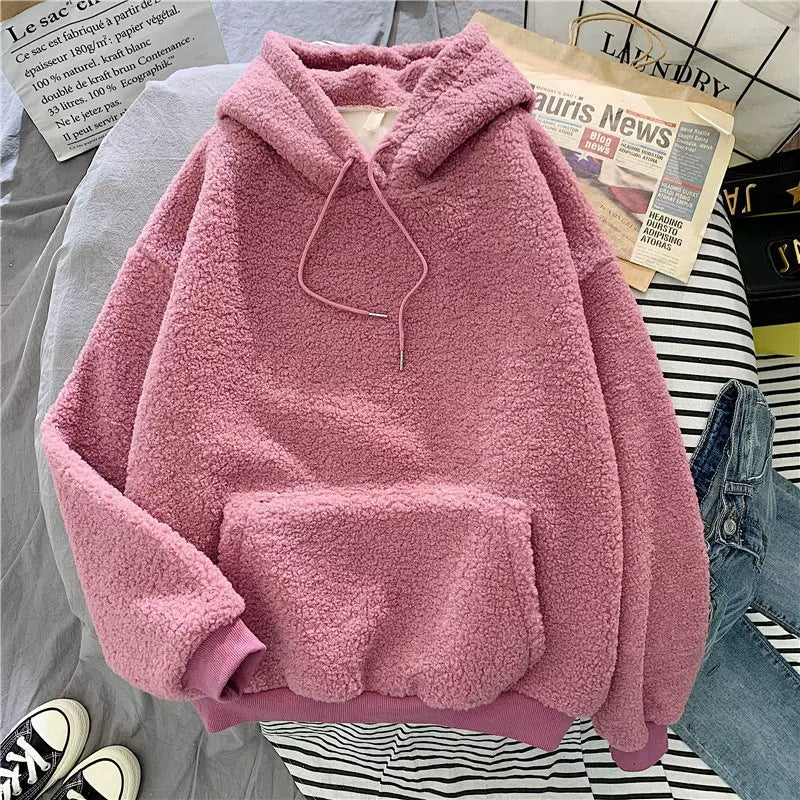 Cross-border Lambskin Sweater Women's Korean-style Fashionable Student Loose Bf Style Autumn and Winter fleece-lined Thickened Hoodie Top Coat