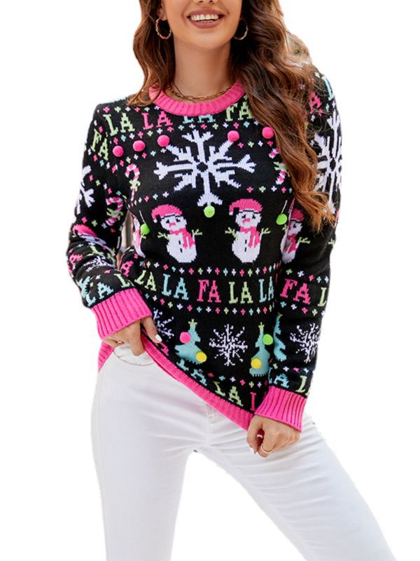 Amazon hot sale European and American heavy industry Christmas sweater women's autumn and winter New round neck snowman Jacquard knitted sweater