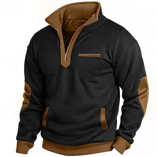 Cross-Border European and American Autumn and Winter Retro Men's Retro Waffle Contrast Pocket Zipper Stand Collar Sweatshirt Long-Sleeved Sweatshirt