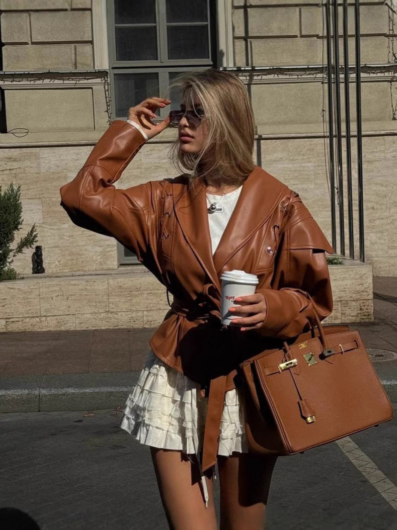 Cross-Border Aliexpress European and American Style Hot Style 2024 New Women's Clothing 4-Color Motorcycle Style Pure Color Strappy Waist Leather Jacket