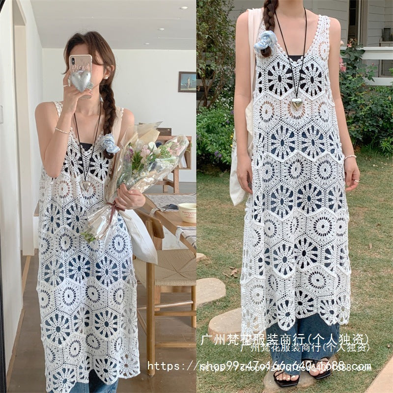 2025 Hollow Blouse Knitted Sling dress Women's Summer Loose Overlay Blouse Seaside Vacation Sleeveless Vacation Skirt